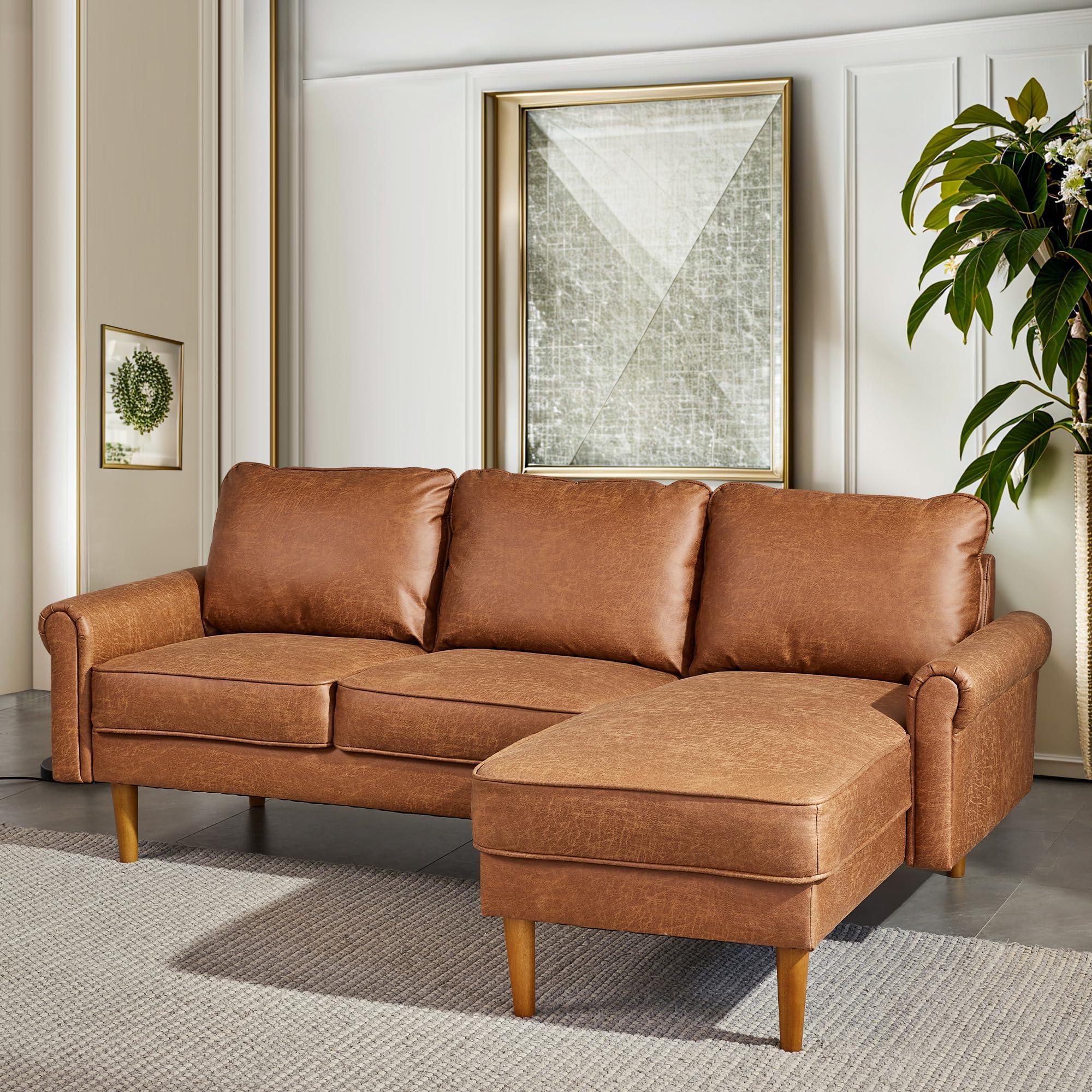 XIZZI L Shaped Couch 81.4" Mid Century Sectional Sofa 3-Seater Living Room Furniture Set with Right Chaise Solid Wood Frame for Apartment,Brown