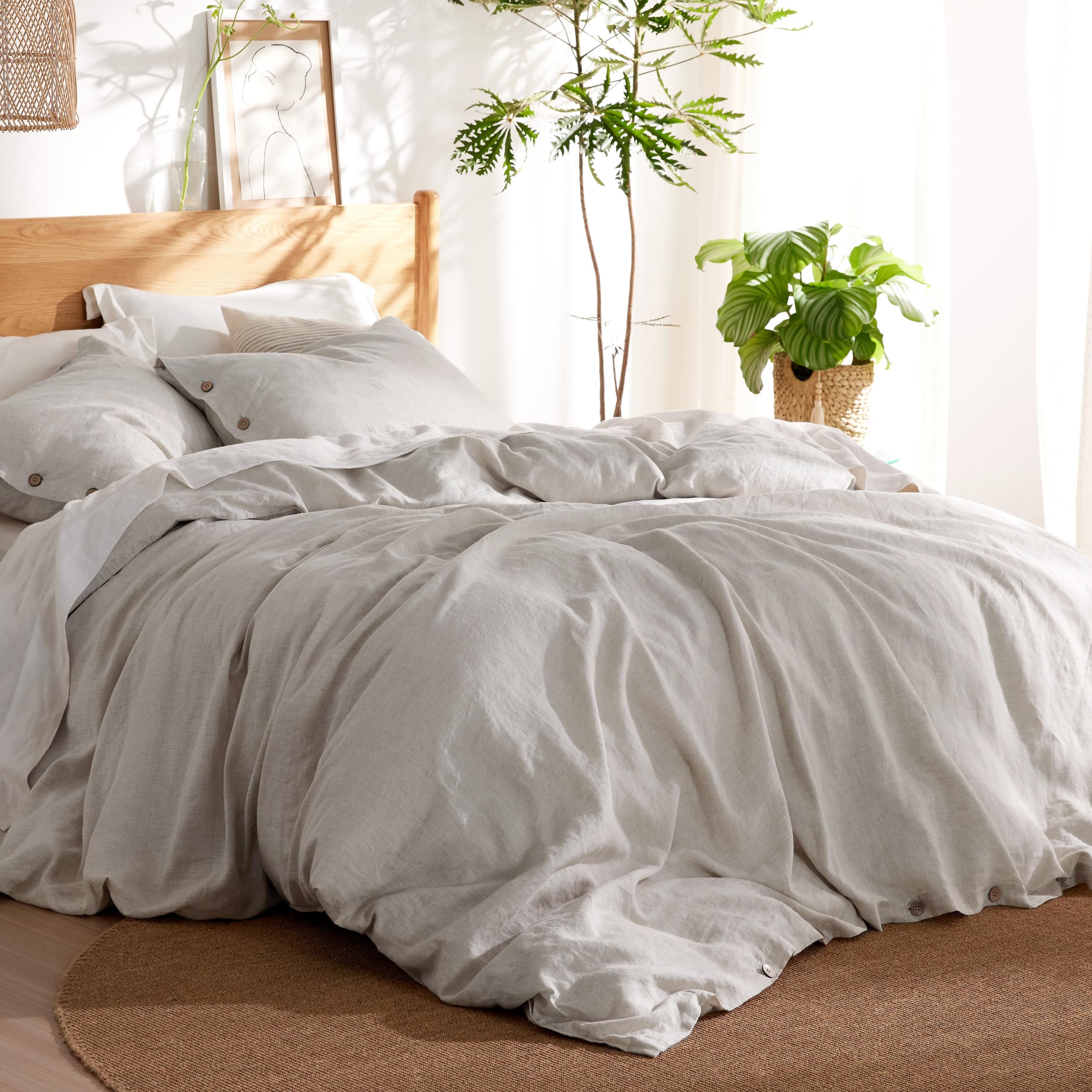 Bedsure Bundle of Linen Cotton Blend Duvet Cover Set and 100% Cotton Sheet Set, Queen Size