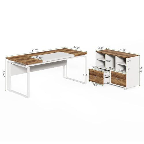 LITTLE TREE 63" L-Shaped Executive Office Desk with Reversible File Cabinet, Large Modern Office Desk for Home Office, 2-Drawer Wood File Cabinet for Hanging Letter Size Files(Oak Karo & White)