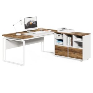 little tree 63" l-shaped executive office desk with reversible file cabinet, large modern office desk for home office, 2-drawer wood file cabinet for hanging letter size files(oak karo & white)