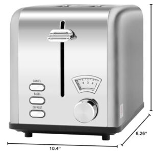 Simple Deluxe Stainless Steel Toaster 2 Slice with 1.5” Wide Slot & Removable Crumb Tray, 5 Shade Options and Bagel/Defrost/Cancel Functions, for Various Bread & Waffle, Retro Silver