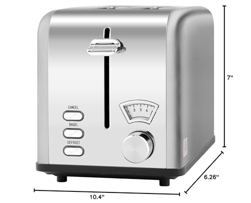 Simple Deluxe Stainless Steel Toaster 2 Slice with 1.5” Wide Slot & Removable Crumb Tray, 5 Shade Options and Bagel/Defrost/Cancel Functions, for Various Bread & Waffle, Retro Silver