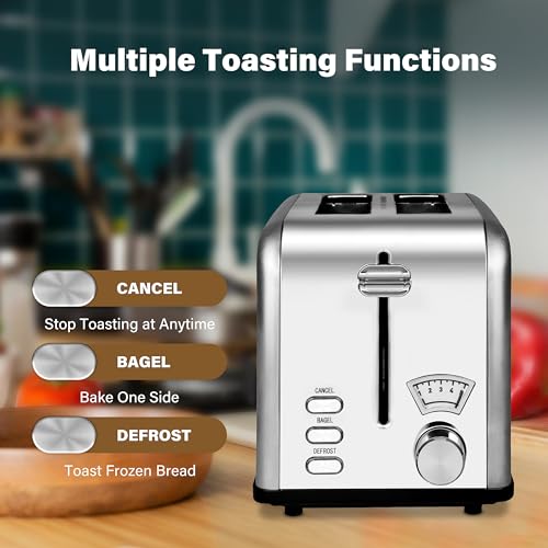 Simple Deluxe Stainless Steel Toaster 2 Slice with 1.5” Wide Slot & Removable Crumb Tray, 5 Shade Options and Bagel/Defrost/Cancel Functions, for Various Bread & Waffle, Retro Silver