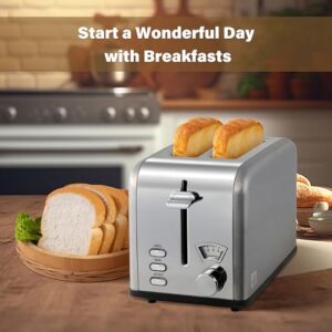 Simple Deluxe Stainless Steel Toaster 2 Slice with 1.5” Wide Slot & Removable Crumb Tray, 5 Shade Options and Bagel/Defrost/Cancel Functions, for Various Bread & Waffle, Retro Silver