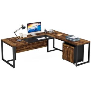 little tree 70.8 inches executive office desk with file cabinet, large l shaped executive desk with storage cabinet, modern office desk with drawers for home office(rustic brown black)