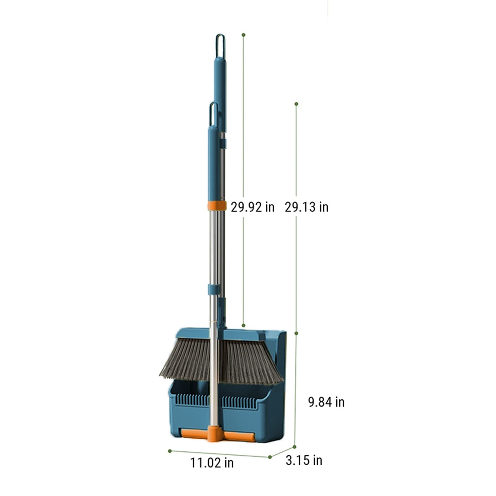 30'' Broom and Dustpan Set for Home with Scraping Teeth and Scraper, 180° Rotatable Long Handle Broom with Stand Up Dustpan Combo Set for Office Home Kitchen Lobby Floor, House Warming Gifts (Blue)