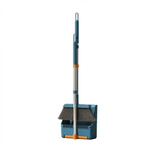 30'' broom and dustpan set for home with scraping teeth and scraper, 180° rotatable long handle broom with stand up dustpan combo set for office home kitchen lobby floor, house warming gifts (blue)