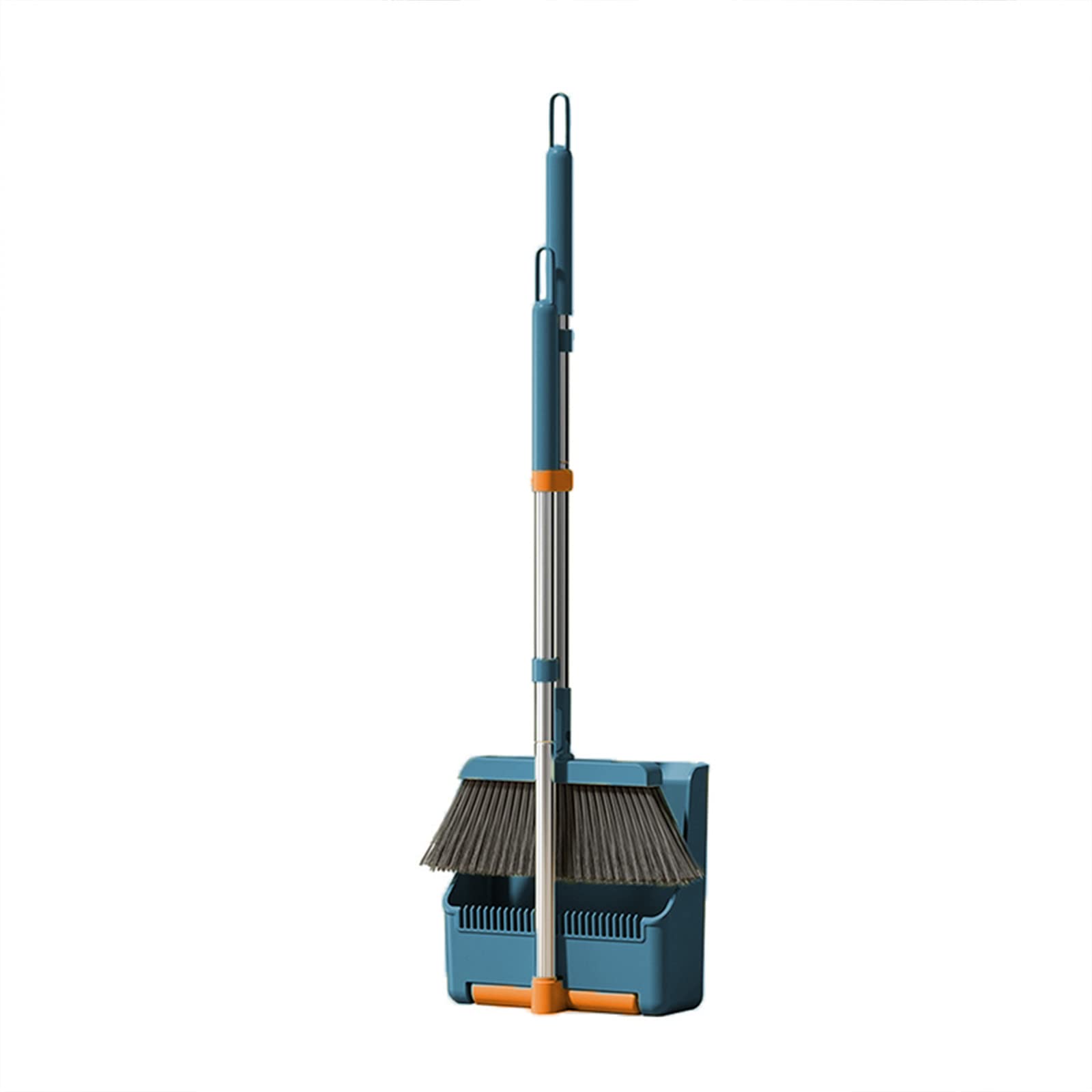 30'' Broom and Dustpan Set for Home with Scraping Teeth and Scraper, 180° Rotatable Long Handle Broom with Stand Up Dustpan Combo Set for Office Home Kitchen Lobby Floor, House Warming Gifts (Blue)