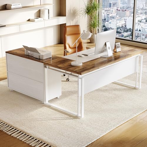 LITTLE TREE 63" L-Shaped Executive Office Desk with Reversible File Cabinet, Large Modern Office Desk for Home Office, 2-Drawer Wood File Cabinet for Hanging Letter Size Files(Oak Karo & White)