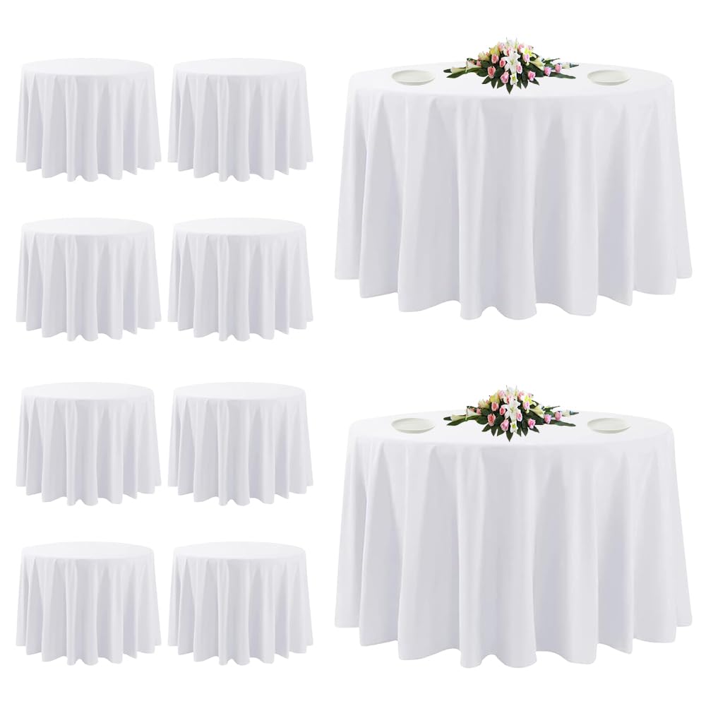 10 Pack White Round Tablecloths, 120 Inch Stain Resistant and Wrinkle Polyester Fabric Washable Table Clothes Cover for Kitchen Dining, Wedding, Reception Banquet, Birthday Party, Buffet Restaurant