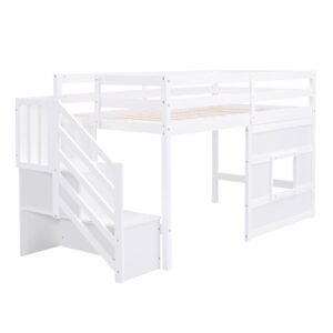 Favfurish Twin Size Loft Bed with Storage Staircase and Window,Wood Twin Loft Bunk Bedframe with Full-Length Guardrail and Sturdy Slat Support, No Noise,No Box Spring Needed,for Kids,Boys,Girls,White