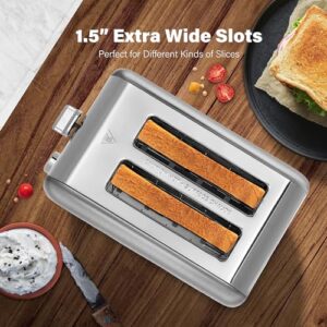 Simple Deluxe Stainless Steel Toaster 2 Slice with 1.5” Wide Slot & Removable Crumb Tray, 5 Shade Options and Bagel/Defrost/Cancel Functions, for Various Bread & Waffle, Retro Silver