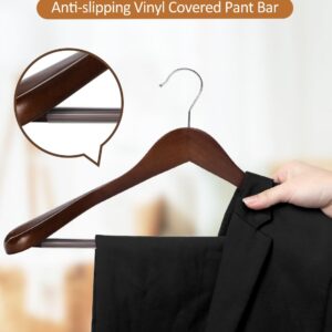 AMKUFO Wide Shoulder Wooden Hangers 8 Pack Coat Hangers with Non Slip Pants Bar, Heavy Duty Suit Hangers Wood Clothes Hangers with Smooth Finish 360° Swivel Hook for Sweater Jackets Shirts Walnut