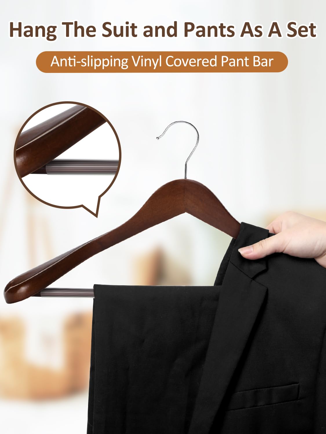 AMKUFO Wide Shoulder Wooden Hangers 8 Pack Coat Hangers with Non Slip Pants Bar, Heavy Duty Suit Hangers Wood Clothes Hangers with Smooth Finish 360° Swivel Hook for Sweater Jackets Shirts Walnut