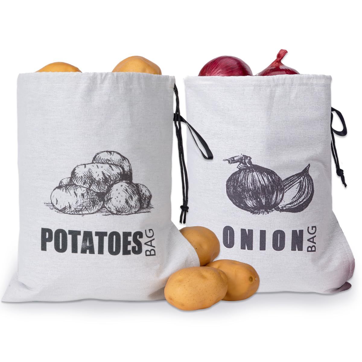 TOGETRUE Potato Onion Storage Bag, Fabric Onion and Potatoes Storage Bag, Washable Garlic Potatoes Onions Keeper with Drawstring for Pantry, 2 Pack (Potato Onion Bag)