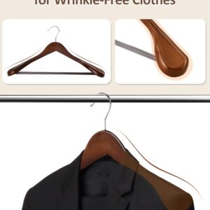 AMKUFO Wide Shoulder Wooden Hangers 8 Pack Coat Hangers with Non Slip Pants Bar, Heavy Duty Suit Hangers Wood Clothes Hangers with Smooth Finish 360° Swivel Hook for Sweater Jackets Shirts Walnut