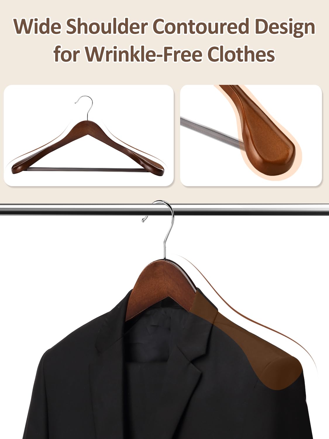 AMKUFO Wide Shoulder Wooden Hangers 8 Pack Coat Hangers with Non Slip Pants Bar, Heavy Duty Suit Hangers Wood Clothes Hangers with Smooth Finish 360° Swivel Hook for Sweater Jackets Shirts Walnut