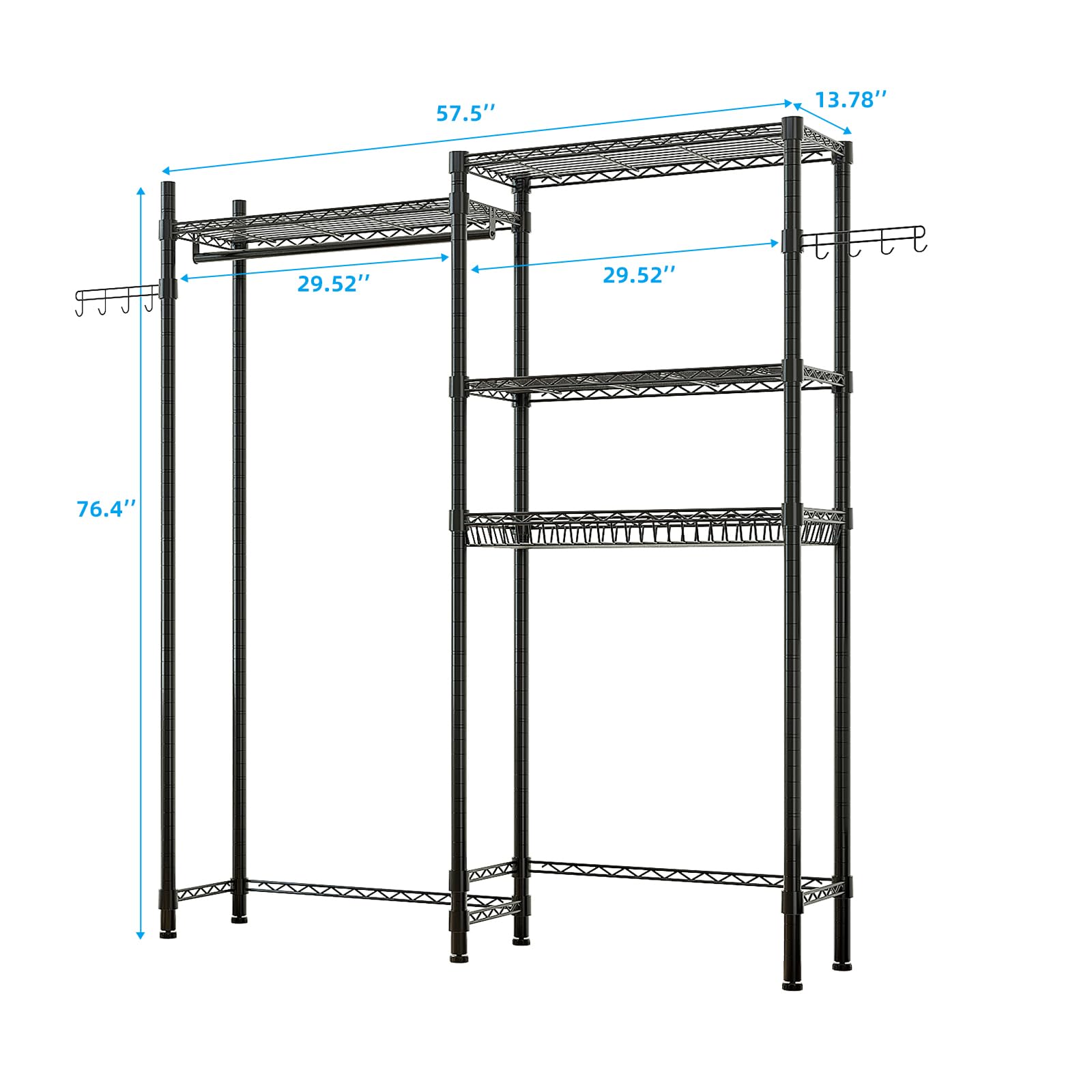 Karl home Over The Washer Dryer Storage Shelf, Heavy Duty Clothes Drying Rack Freestanding Laundry Room Bathroom Organization with Wire Shelves Wivel Hooks, 57.5" L x 13.78" D x 76.4" H