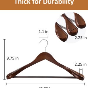 AMKUFO Wide Shoulder Wooden Hangers 8 Pack Coat Hangers with Non Slip Pants Bar, Heavy Duty Suit Hangers Wood Clothes Hangers with Smooth Finish 360° Swivel Hook for Sweater Jackets Shirts Walnut