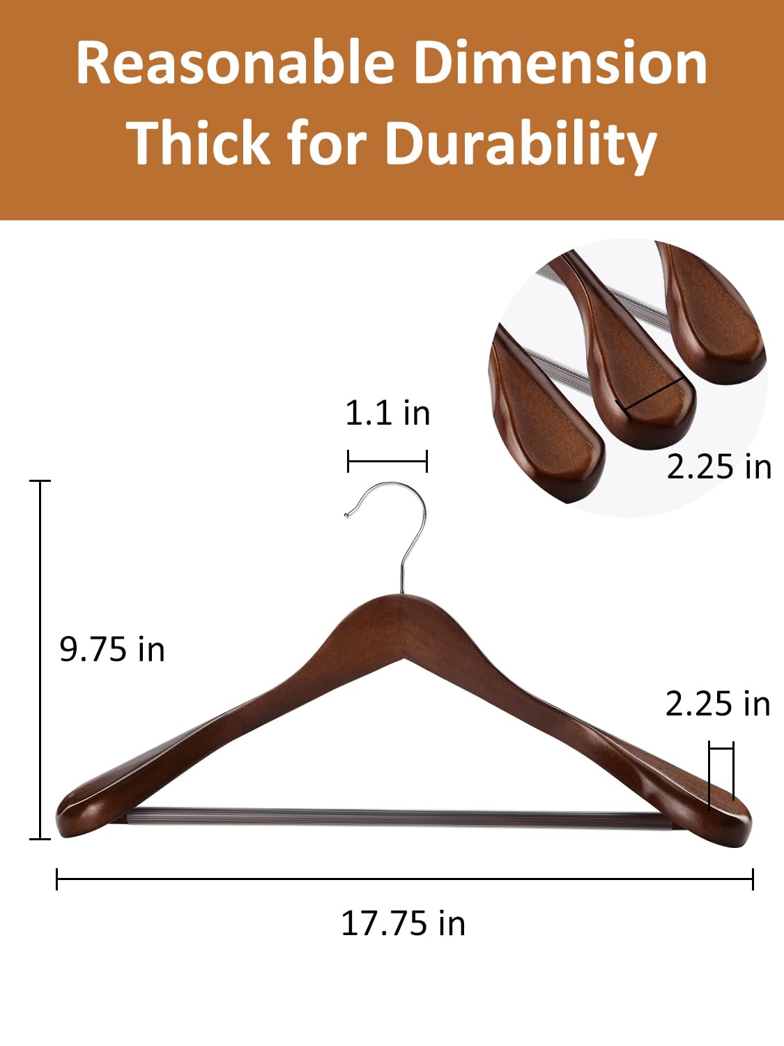 AMKUFO Wide Shoulder Wooden Hangers 8 Pack Coat Hangers with Non Slip Pants Bar, Heavy Duty Suit Hangers Wood Clothes Hangers with Smooth Finish 360° Swivel Hook for Sweater Jackets Shirts Walnut