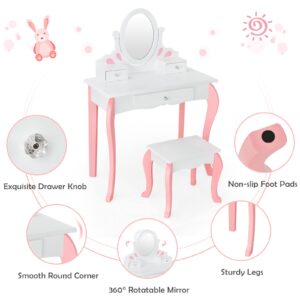 Olakids Kids Vanity Set, 2 in 1 Wooden Princess Makeup Table and Chair Set with 360° Rotating Mirror Detachable Top Storage Drawer, Girls Pretend Beauty Dressing Play Toy Gift (White)