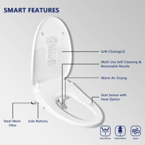 Bidet Seats, DeerValley DV-1S0018A Electronic Bidet Toilet Seat, Smart Toilet Seat with Sensor Seat Heating, Warm Air Dryer, Nightlight, Multiple Wash Methods, Self-Cleaning Nozzle, White