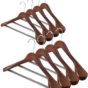 AMKUFO Wide Shoulder Wooden Hangers 8 Pack Coat Hangers with Non Slip Pants Bar, Heavy Duty Suit Hangers Wood Clothes Hangers with Smooth Finish 360° Swivel Hook for Sweater Jackets Shirts Walnut