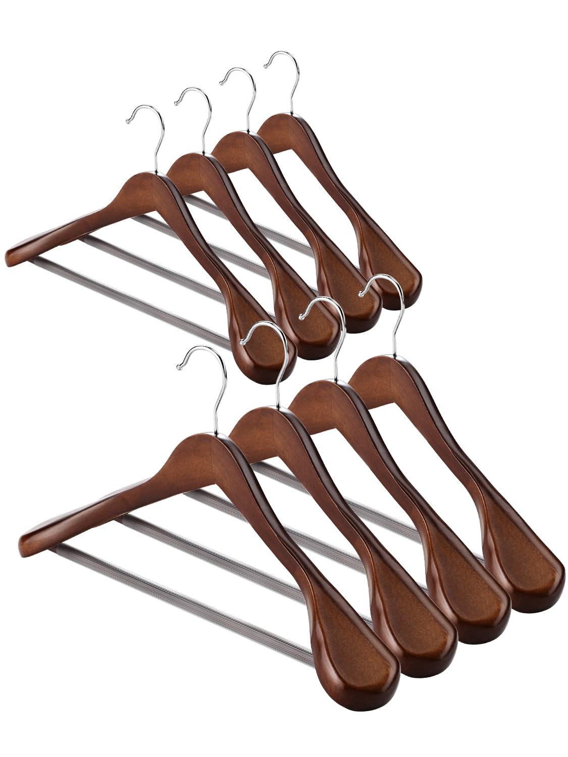 AMKUFO Wide Shoulder Wooden Hangers 8 Pack Coat Hangers with Non Slip Pants Bar, Heavy Duty Suit Hangers Wood Clothes Hangers with Smooth Finish 360° Swivel Hook for Sweater Jackets Shirts Walnut