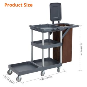 Commercial Janitorial Cleaning Cart on Wheels - Black Housekeeping Caddy with Cover, Shelves and Vinyl Bag