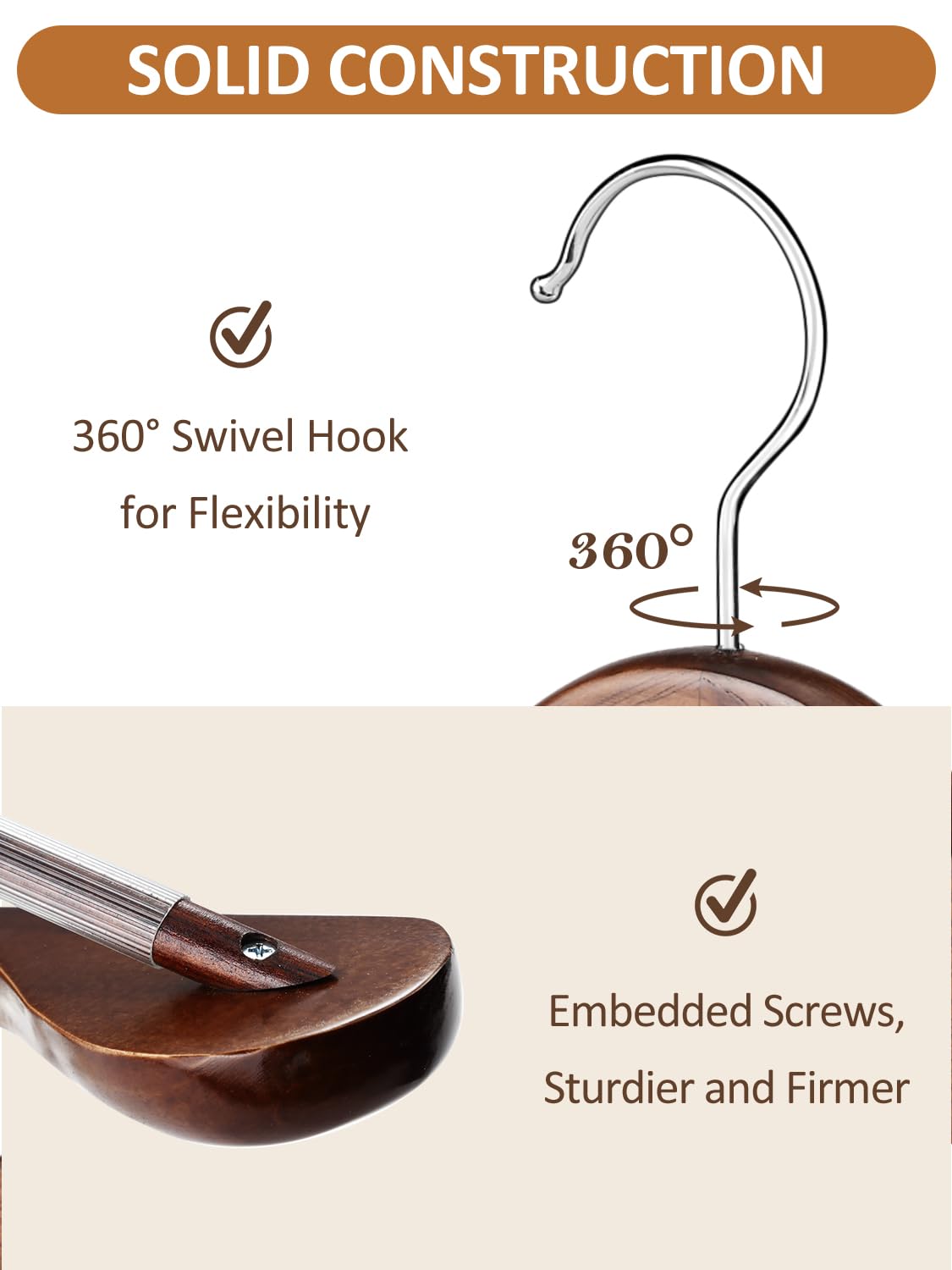 AMKUFO Wide Shoulder Wooden Hangers 8 Pack Coat Hangers with Non Slip Pants Bar, Heavy Duty Suit Hangers Wood Clothes Hangers with Smooth Finish 360° Swivel Hook for Sweater Jackets Shirts Walnut