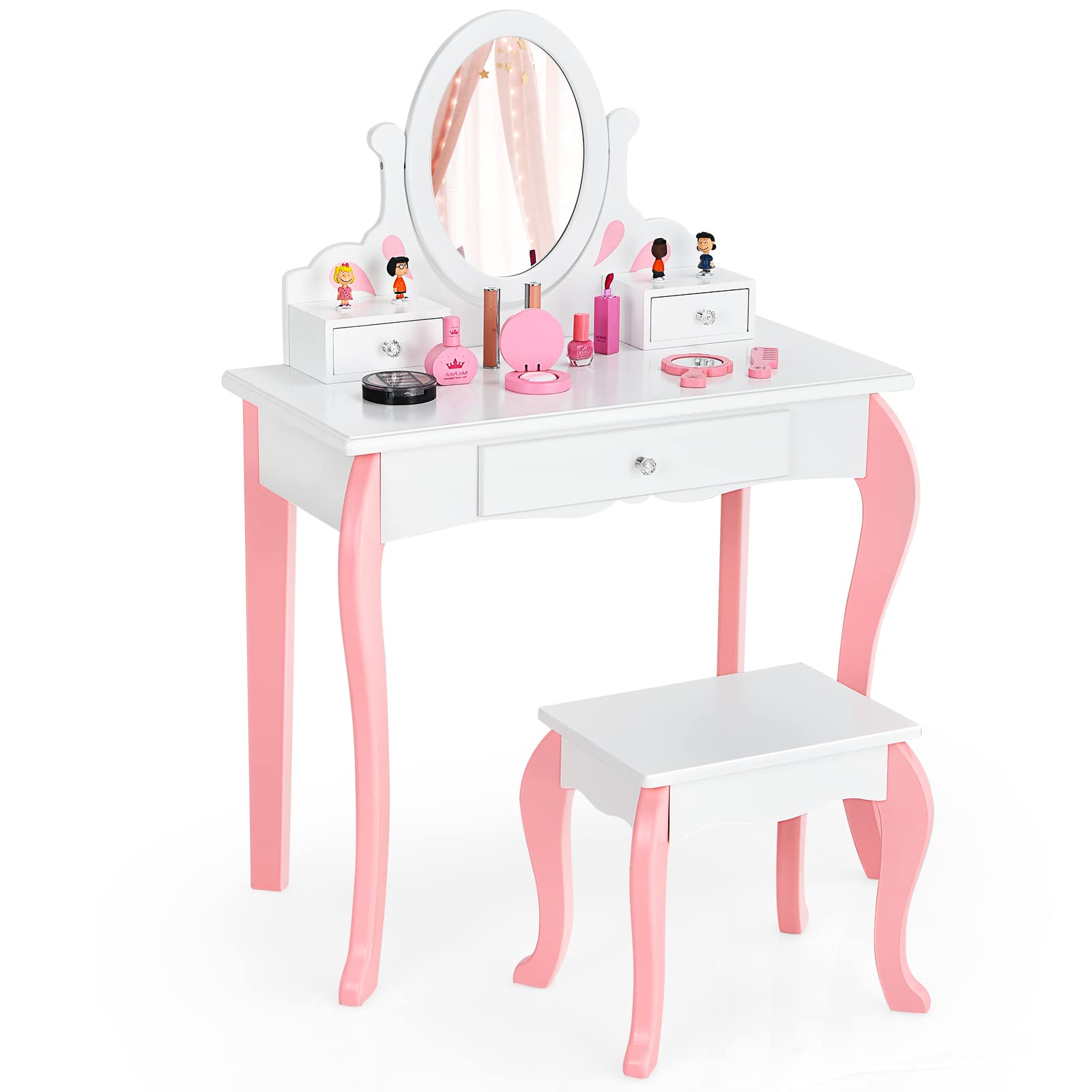 Olakids Kids Vanity Set, 2 in 1 Wooden Princess Makeup Table and Chair Set with 360° Rotating Mirror Detachable Top Storage Drawer, Girls Pretend Beauty Dressing Play Toy Gift (White)