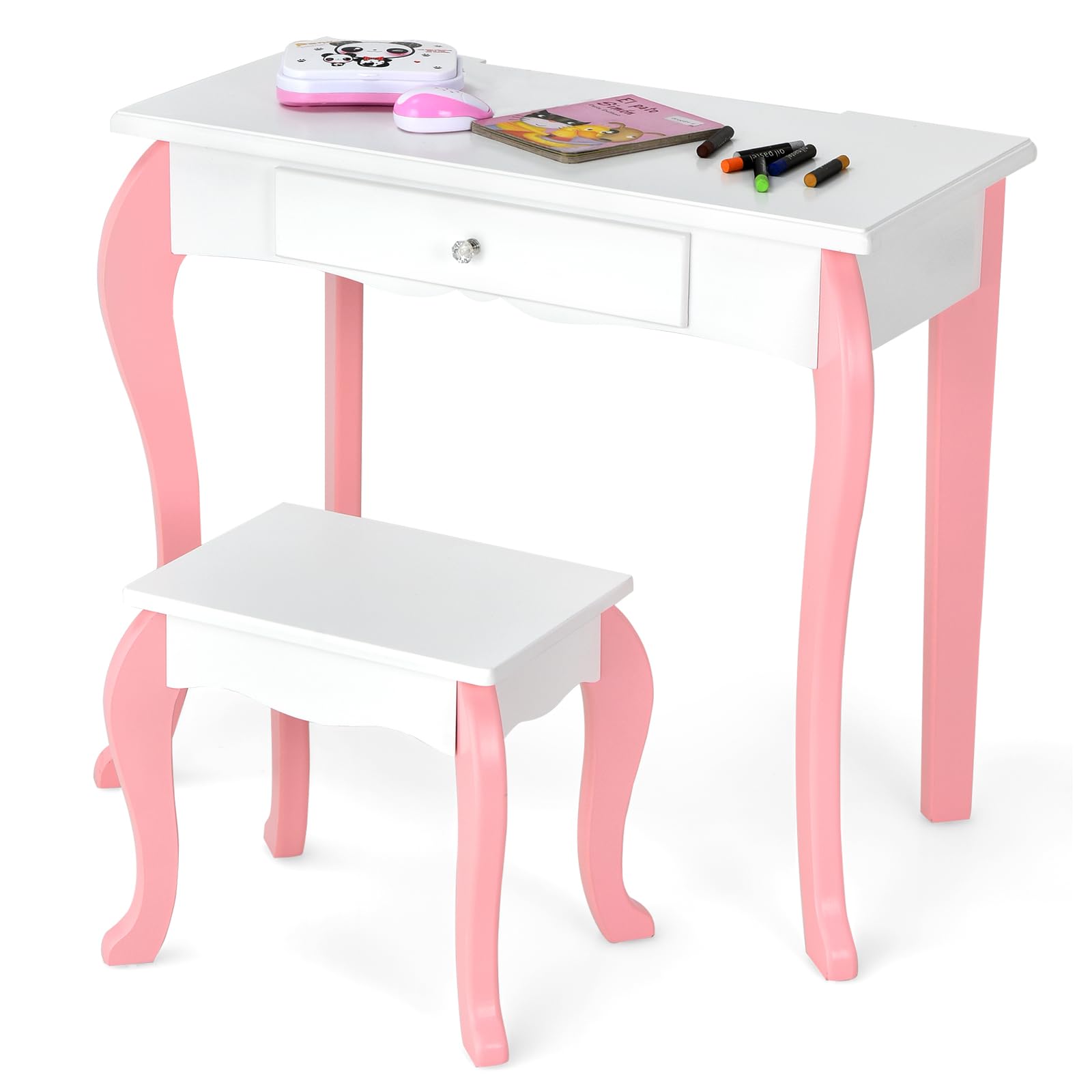 Olakids Kids Vanity Set, 2 in 1 Wooden Princess Makeup Table and Chair Set with 360° Rotating Mirror Detachable Top Storage Drawer, Girls Pretend Beauty Dressing Play Toy Gift (White)