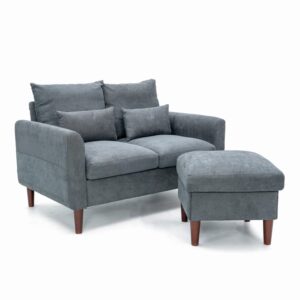 anana 2 seater sofa with footstool, linen fabric love seat solid wood legs cushion back couch for small space living room (gray, 2 seater with ottoman)