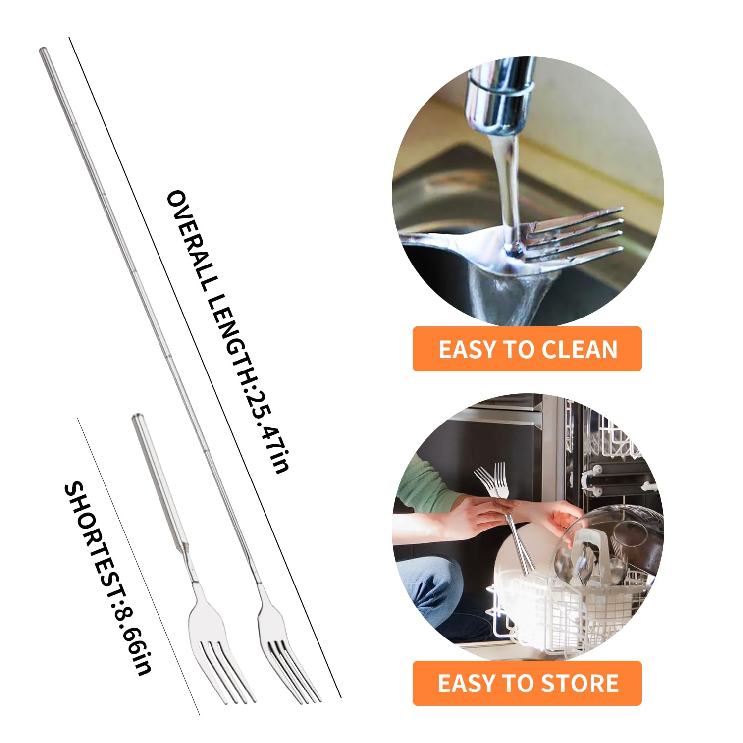 2PCS Extendable Fork Telescopic Fork Stainless Steel Retractable Fork Extends to 25 Inches BBQ Dinner Fruit Dessert Extendable Long Handle Fork Cutlery Set