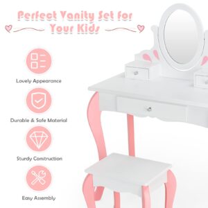 Olakids Kids Vanity Set, 2 in 1 Wooden Princess Makeup Table and Chair Set with 360° Rotating Mirror Detachable Top Storage Drawer, Girls Pretend Beauty Dressing Play Toy Gift (White)