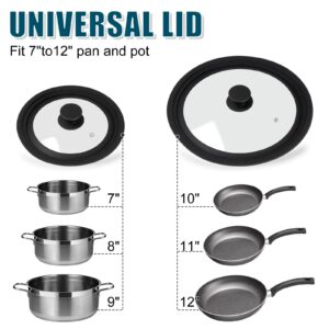 Universal Lid for Pots, Pans and Skillets - Tempered Glass Lid with Heat Resistant Silicone Rim Fits fit 7", 8" 9" & 10", 11", 12" Diameter Cookware, Replacement Lid for Frying Pan & Cast Iron Skillet