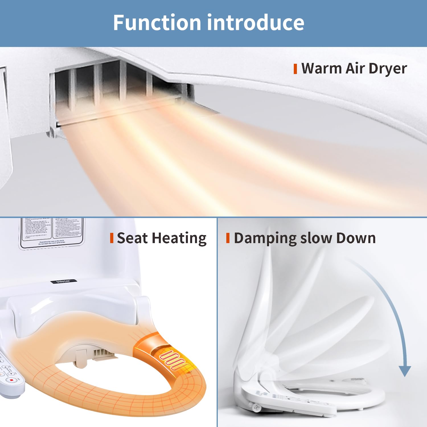 KERDE 08C Electric Bidet Toilet Seat,Warm Water Cleansing,Warm Air Drying, Heated Seat,Adjustable Temperature Settings, Moving Nozzle Massage,White,Night Light, Elongated,Bidets for Existing Toilets.