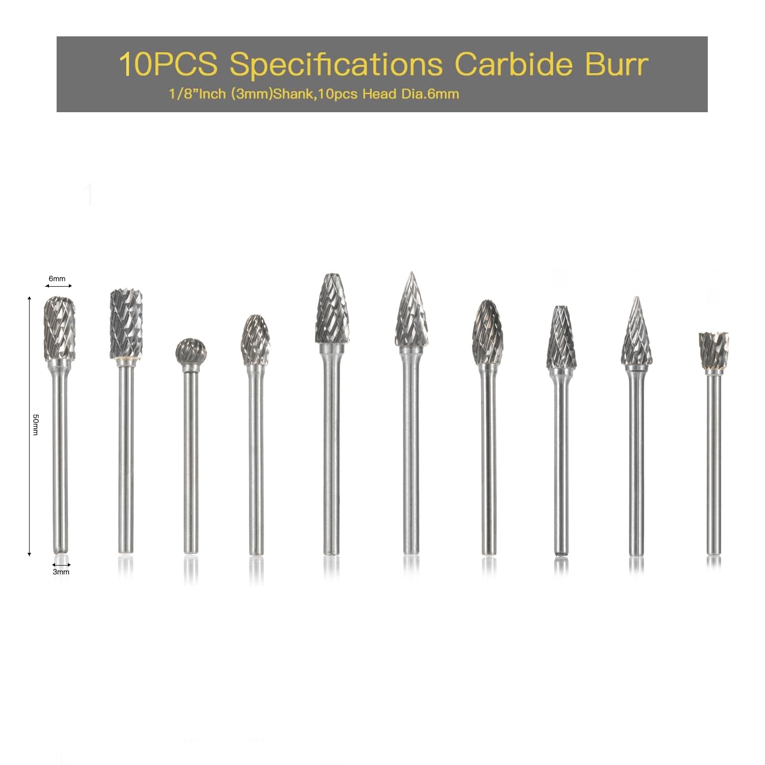 HIDOTOL Carbide Burr Set 10PC 1/8" Shank Tungsten Double Cut Carbide Rotary Burr Set for Metal and Wood Carving, Grinding, Polishing, Engraving, Drilling.