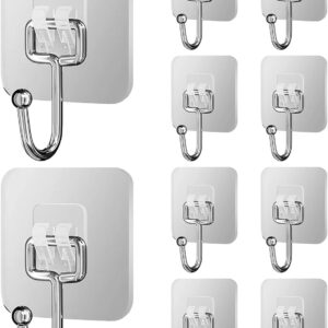 Stainless Steel Large Wall Hooks (Pack of 10) - Heavy Duty, Rustproof, Waterproof, Oilproof - Self-Adhesive Hooks for Robes, Towels, and Keys -for Kitchen, Bathroom, Office, and Outdoors