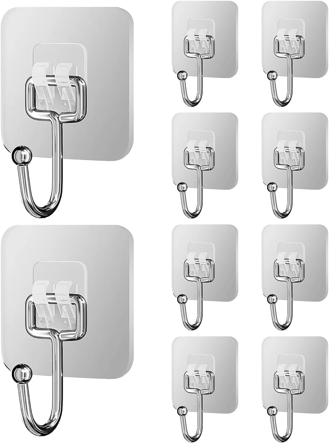 Stainless Steel Large Wall Hooks (Pack of 10) - Heavy Duty, Rustproof, Waterproof, Oilproof - Self-Adhesive Hooks for Robes, Towels, and Keys -for Kitchen, Bathroom, Office, and Outdoors