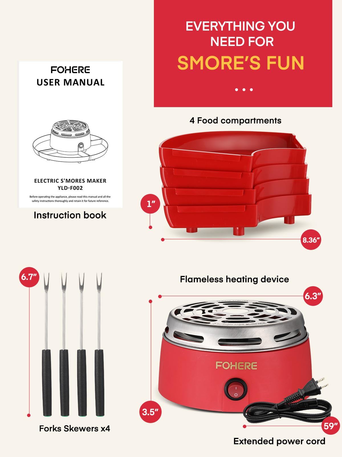 FOHERE Smores Maker Tabletop Indoor, Flameless Electric Marshmallow Roaster with 4 Detachable Trays & 4 Roasting Forks, Movie Night Supplies & Housewarming Gift, Red