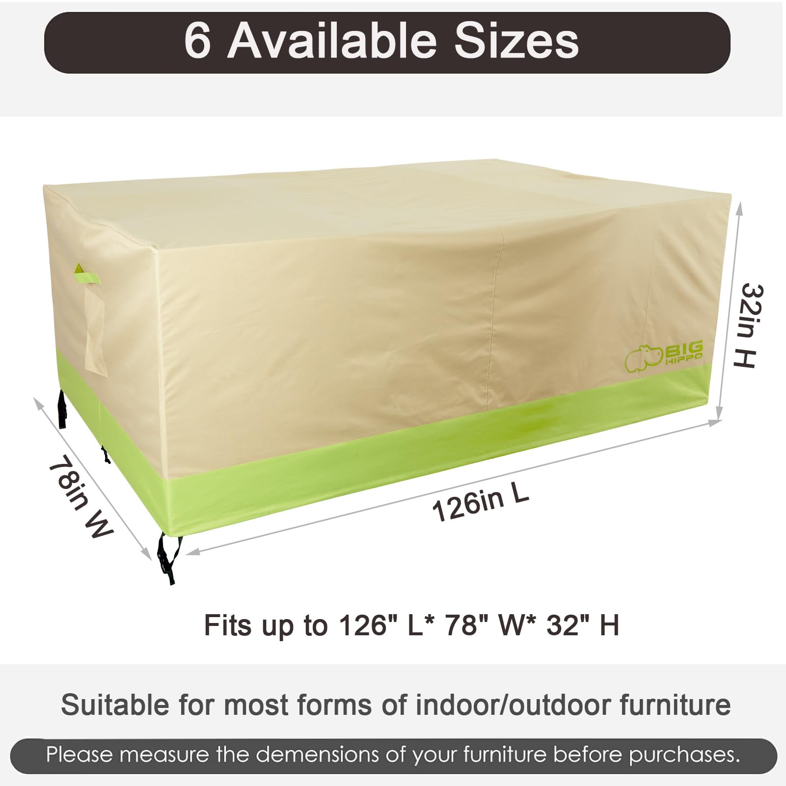 Big Hippo Patio Furniture Covers, Heavy Duty 600D Outdoor Furniture Cover, Waterproof Rectangular Patio Dining Table and Chairs Cover, 126L x 78W x 32H inch