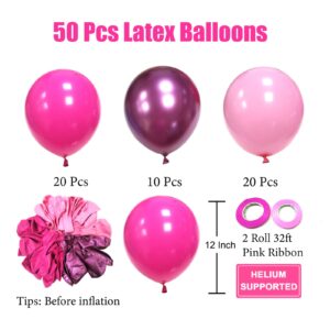 Pink Balloons Metallic Pink Balloon, 50Pcs 12Inch Hot Pink Chrome Pink Latex Balloons Baby Pink Balloons and Dark Magenta Pink Balloons for Birthday Baby Shower Princess Party Decorations