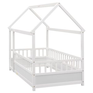 Twin Size Floor Montessori Bed for Kids, Wooden Twin House Floor Bed Frame with Rails Fence, Kids Twin Floor Bed Playhouse Bed Frame for Girls, Boys, White