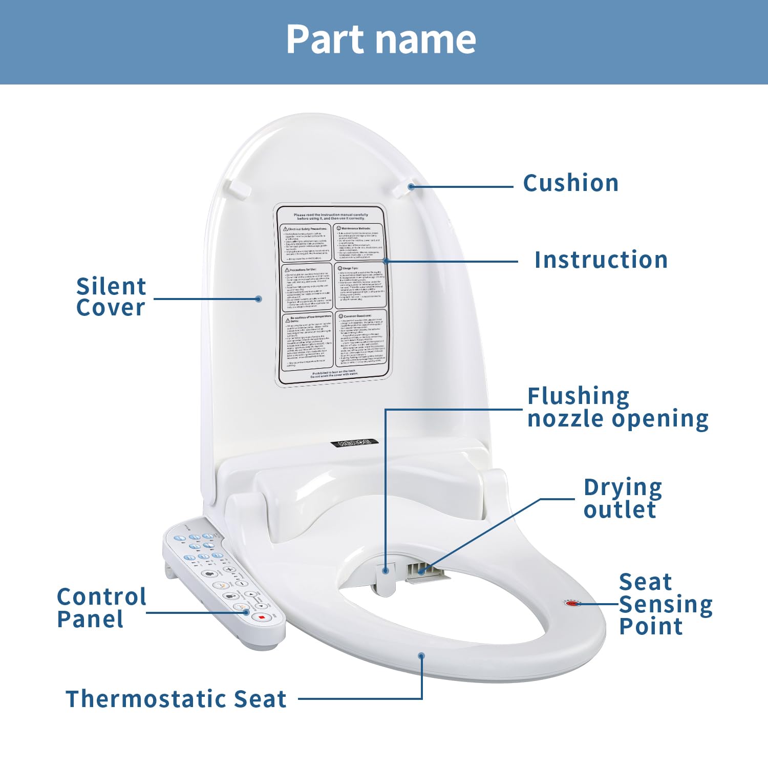 KERDE 08C Electric Bidet Toilet Seat,Warm Water Cleansing,Warm Air Drying, Heated Seat,Adjustable Temperature Settings, Moving Nozzle Massage,White,Night Light, Elongated,Bidets for Existing Toilets.