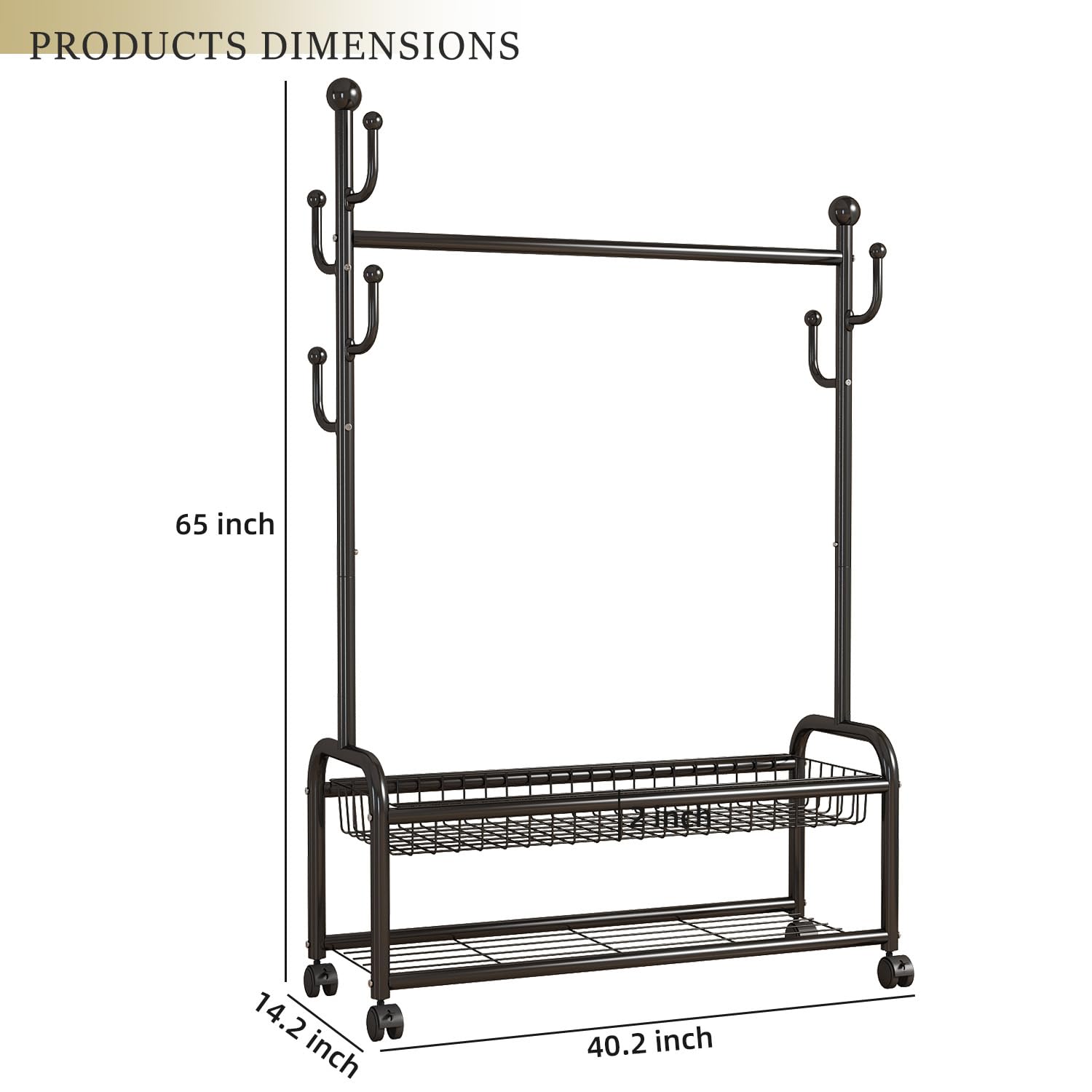 GAMNOF Black Clothes Rack with Wheels, Black Clothing Rack for Hanging Clothes, Black Garment Rack with Storage Shelf, Freestanding Rolling Clothes Rack