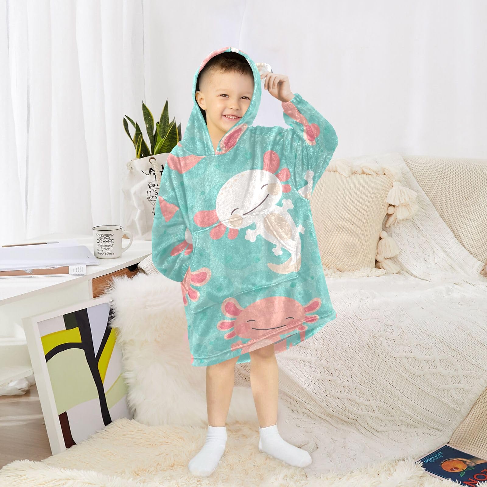 Joisal Kawaii Axolotl Pattern Boys Wearable Blanket Flannel Blanket Sweater with Pocket, Cozy Hoodie Blanket