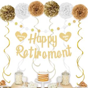 KOKAR Happy Retirement Decorations – Gold Happy Retirement Banner, Paper Pom Poms, Hanging Swirls and Glitter Circle Dots Garland for Retirement Party Decorations