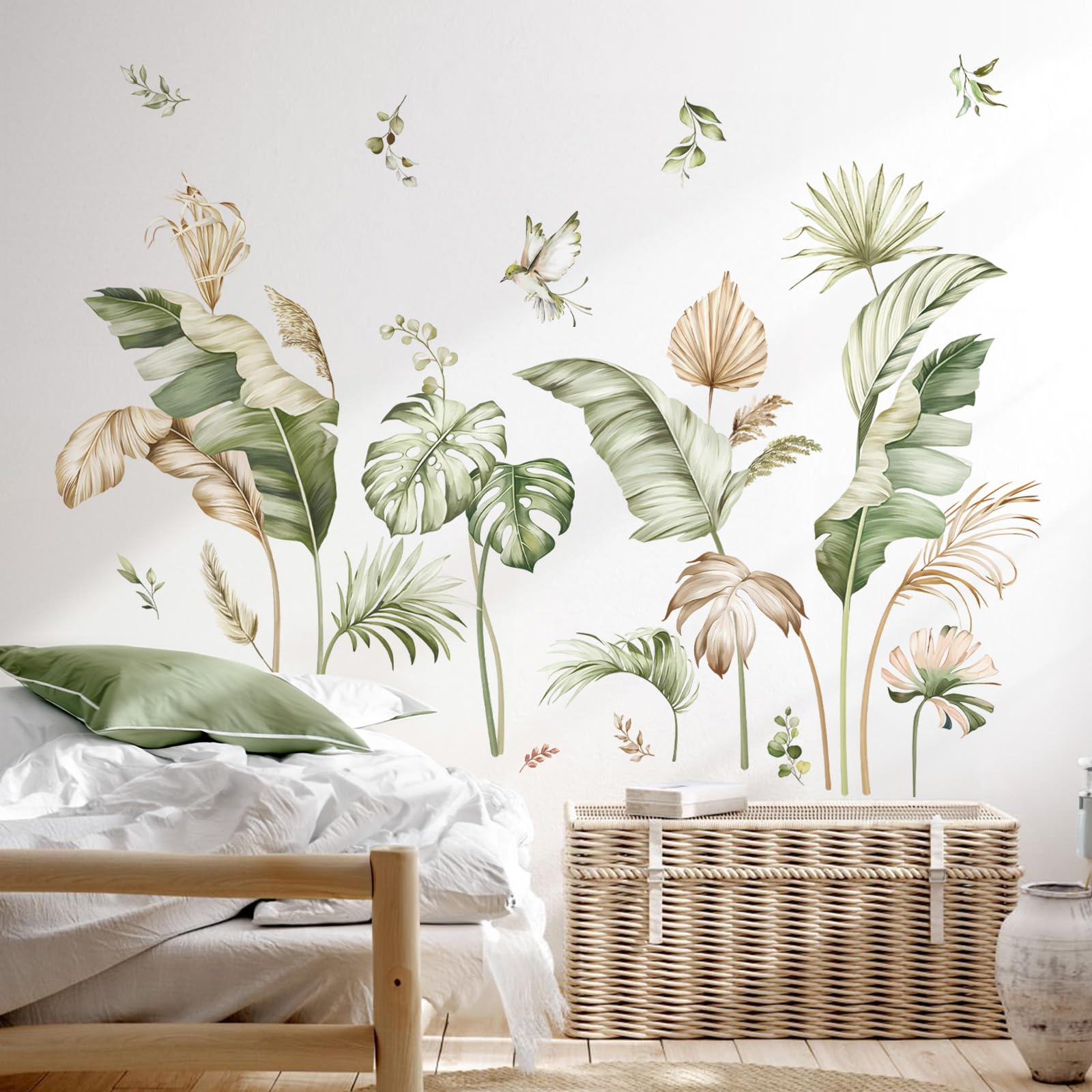 decalmile Boho Tropical Leaves Wall Decals Palm Leaf Green Plants Wall Stickers Living Room Bedroom Office Wall Decor