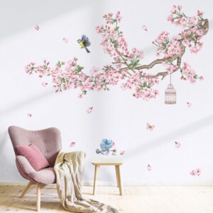 decalmile Cherry Blossom Tree Branch Wall Decals Pink Flower Birds Wall Stickers Bedroom Living Room Sofa TV Background Wall Decor